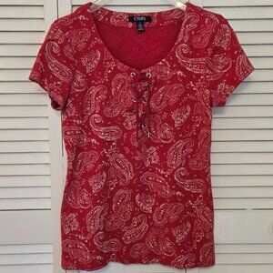 Chaps Red Paisley Short Sleeved Lace Up Top- Size M